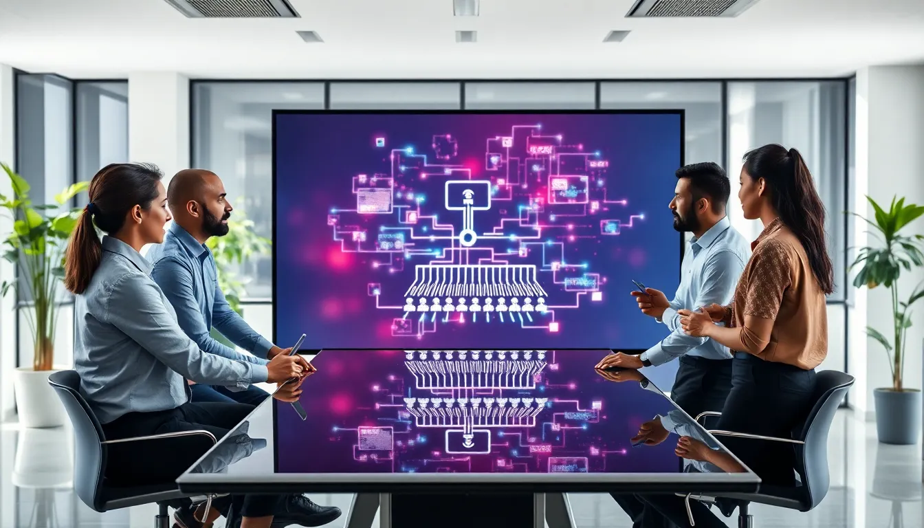 IT professionals discussing IP address structure in a modern office.