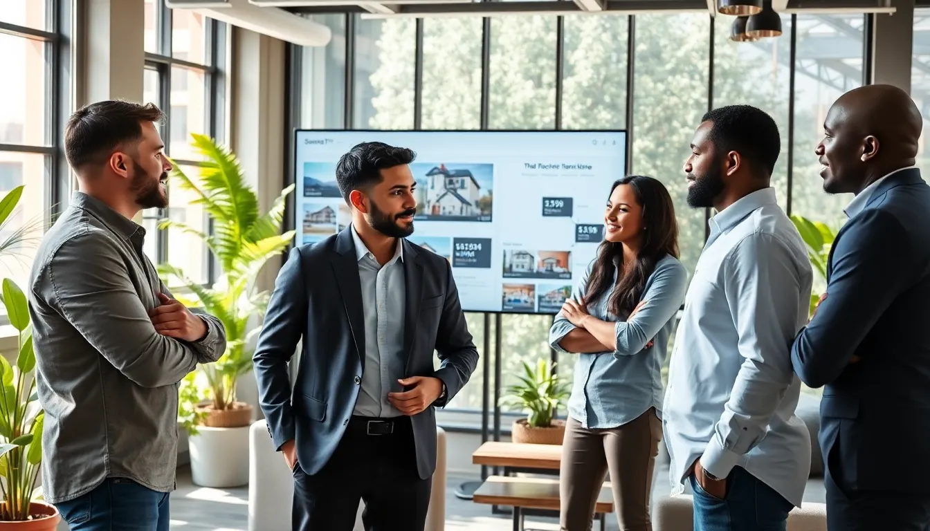 real estate agents collaborating in a modern office with digital tools.