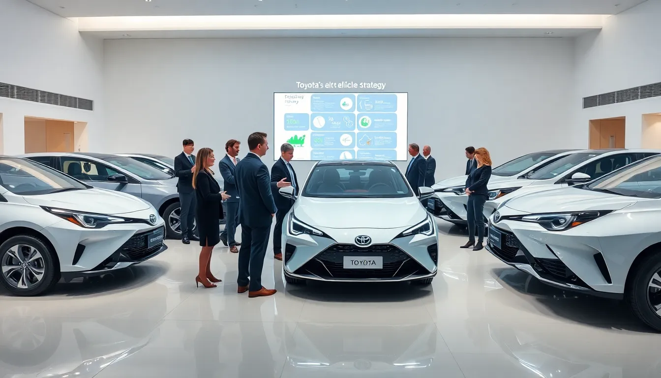 Toyota electric vehicles in a modern showroom with professionals discussing.