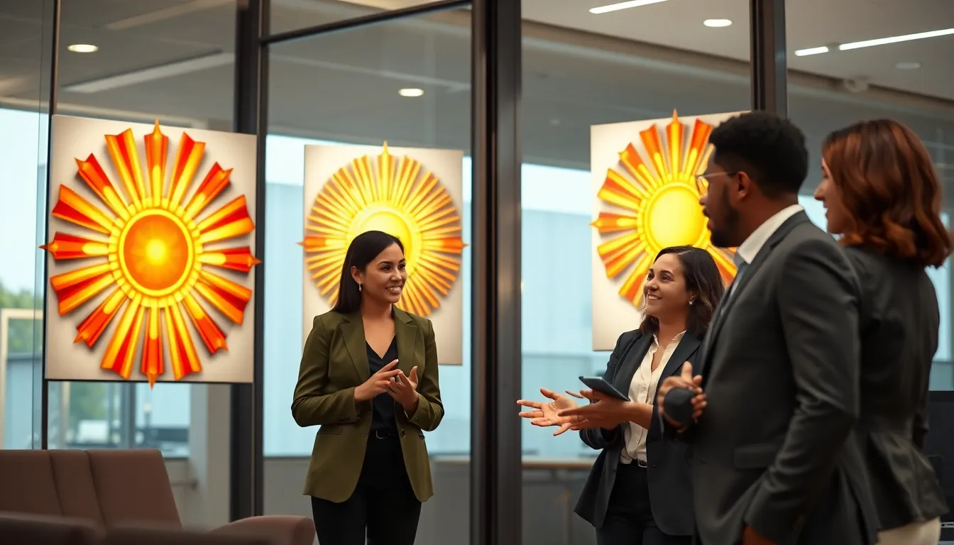 diverse professionals discussing juilionesunray in a modern office.