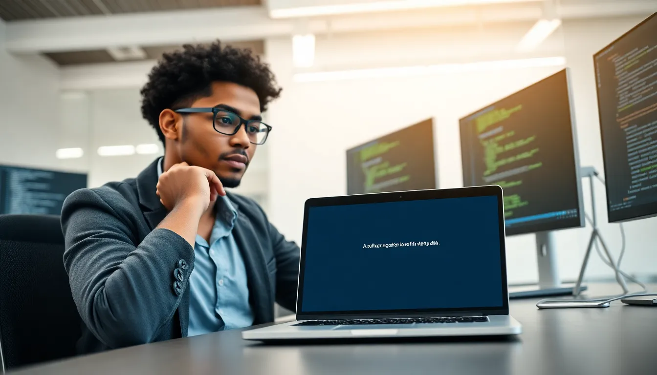 IT professional troubleshooting a MacBook error message in a modern office.