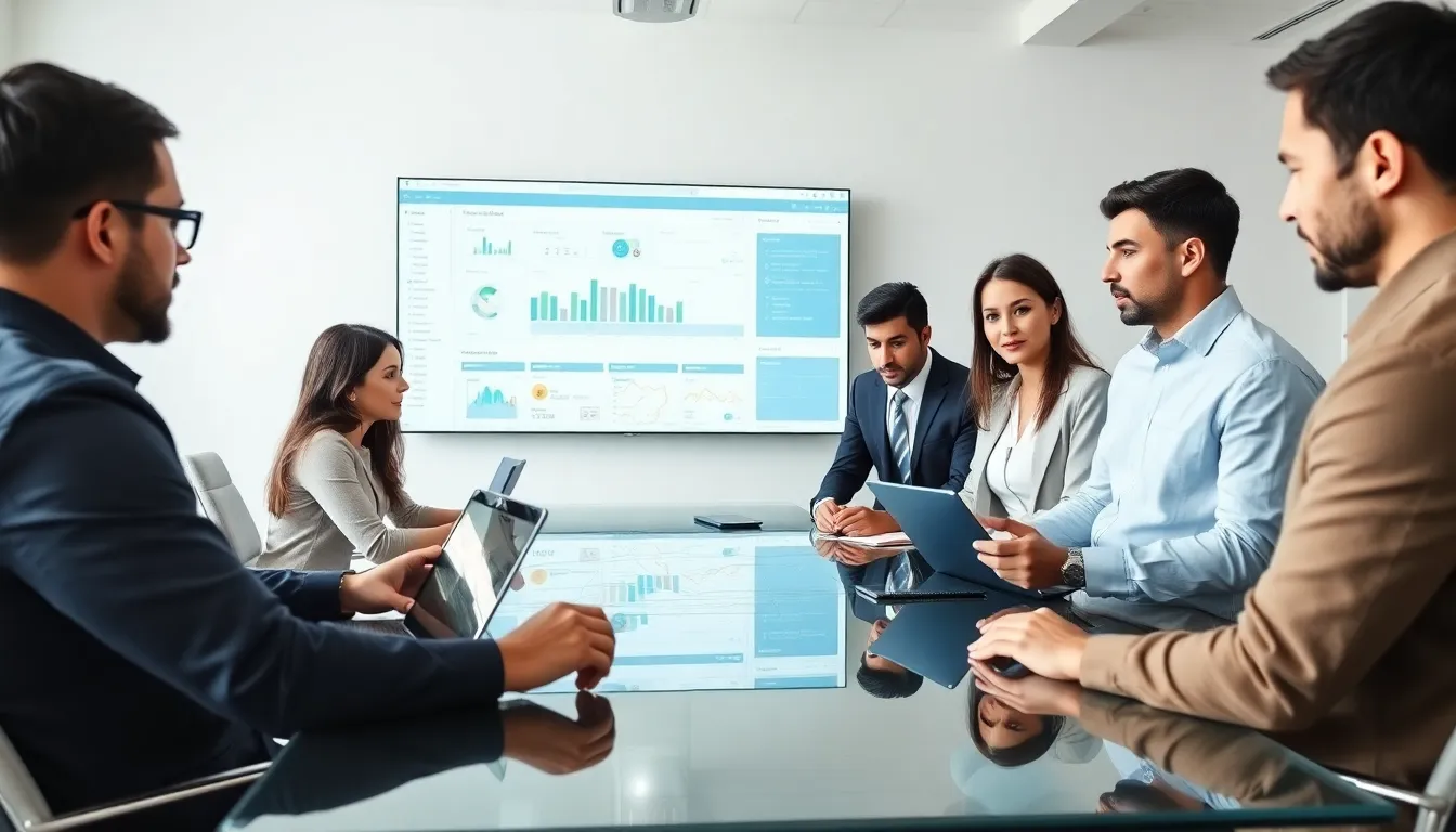 diverse team discussing construction software in a modern office.
