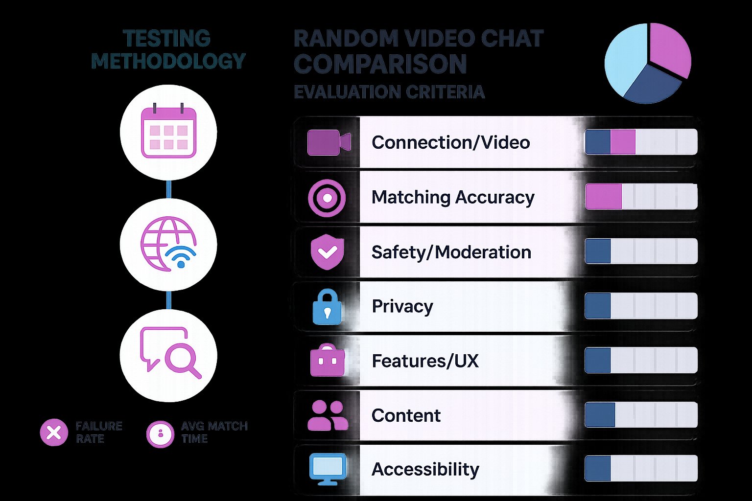Infographic showing testing timeline and seven evaluation criteria with rating bars.