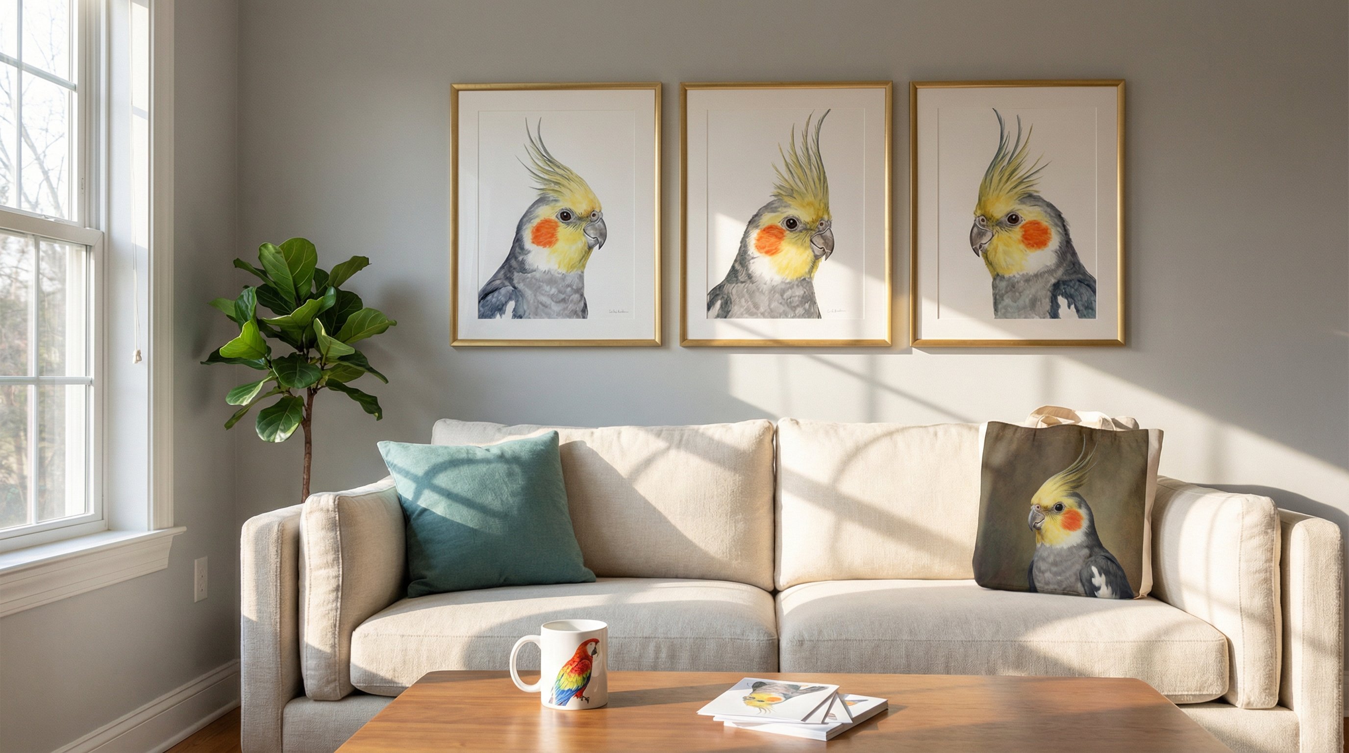 Living room with framed cockatiel portraits, a bird-printed mug, and tote bag.