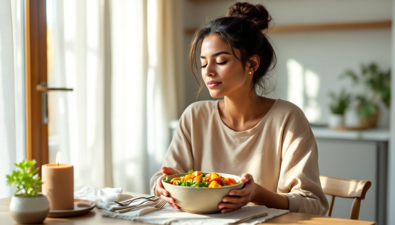 Woman savoring the aroma of a colorful meal at a calm, clutter-free table.