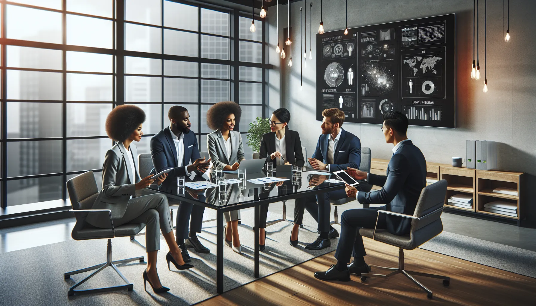 diverse team collaborating over challenges in a modern office.