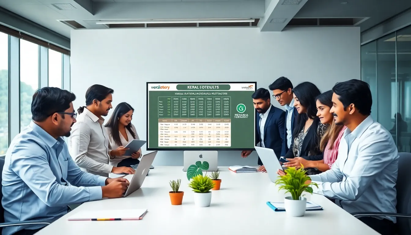 diverse professionals analyzing Keralalottery results in a modern office.