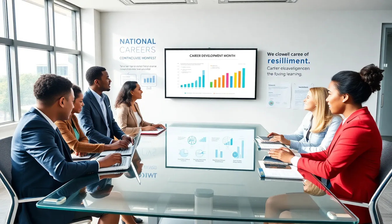 diverse professionals collaborating on career development in a modern office.