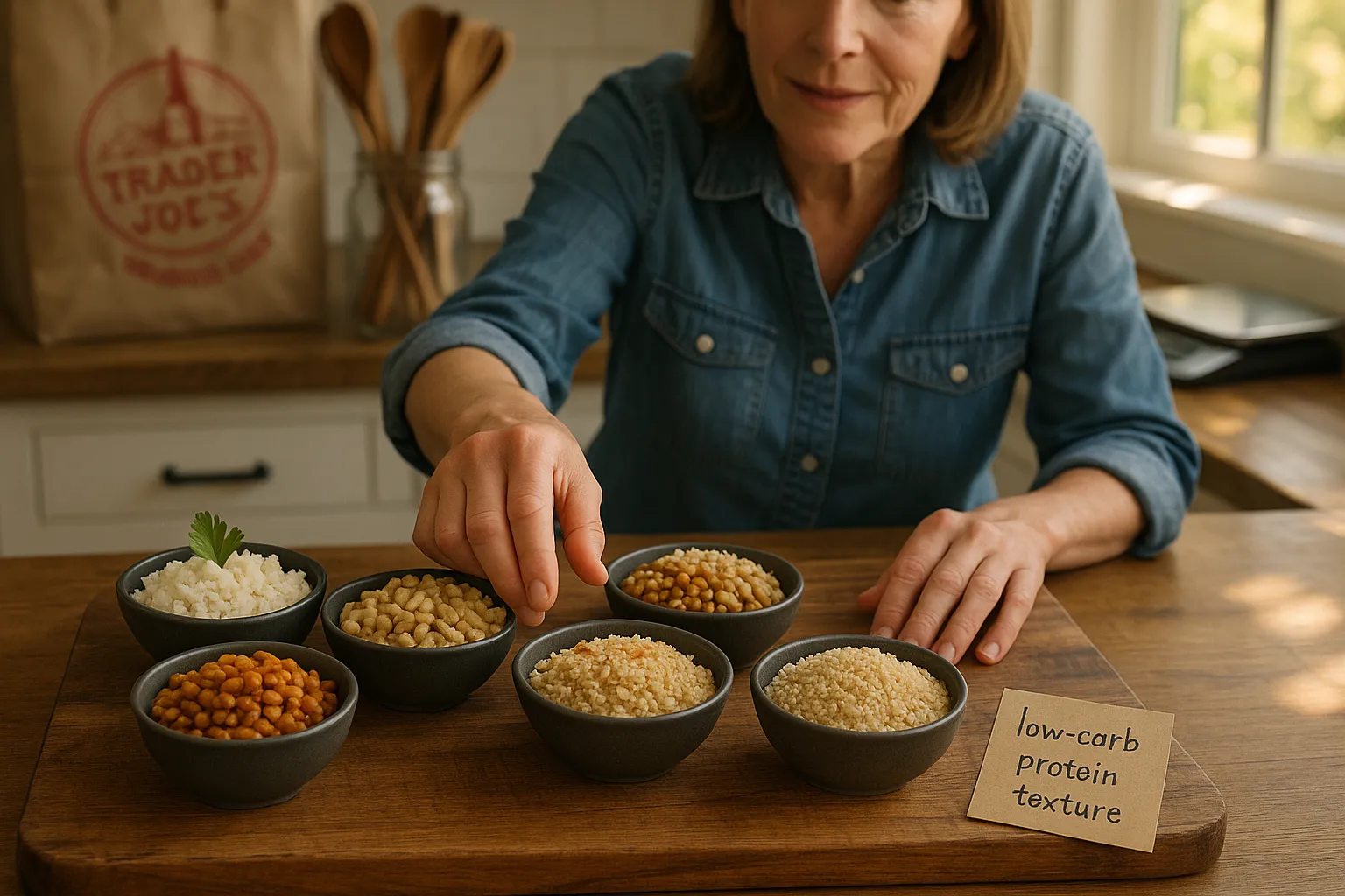 bowls of cauliflower rice, quinoa, lentils, farro, barley, and bulgur on a board