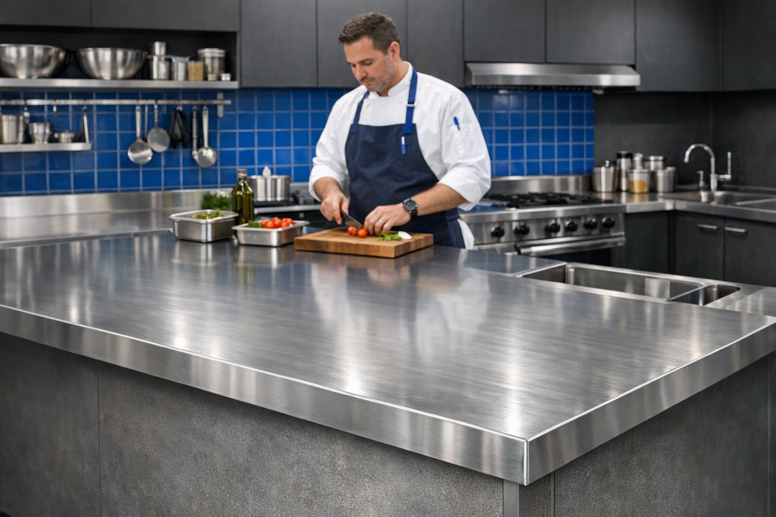 Modern stainless steel bench in a professional commercial kitchen setting.