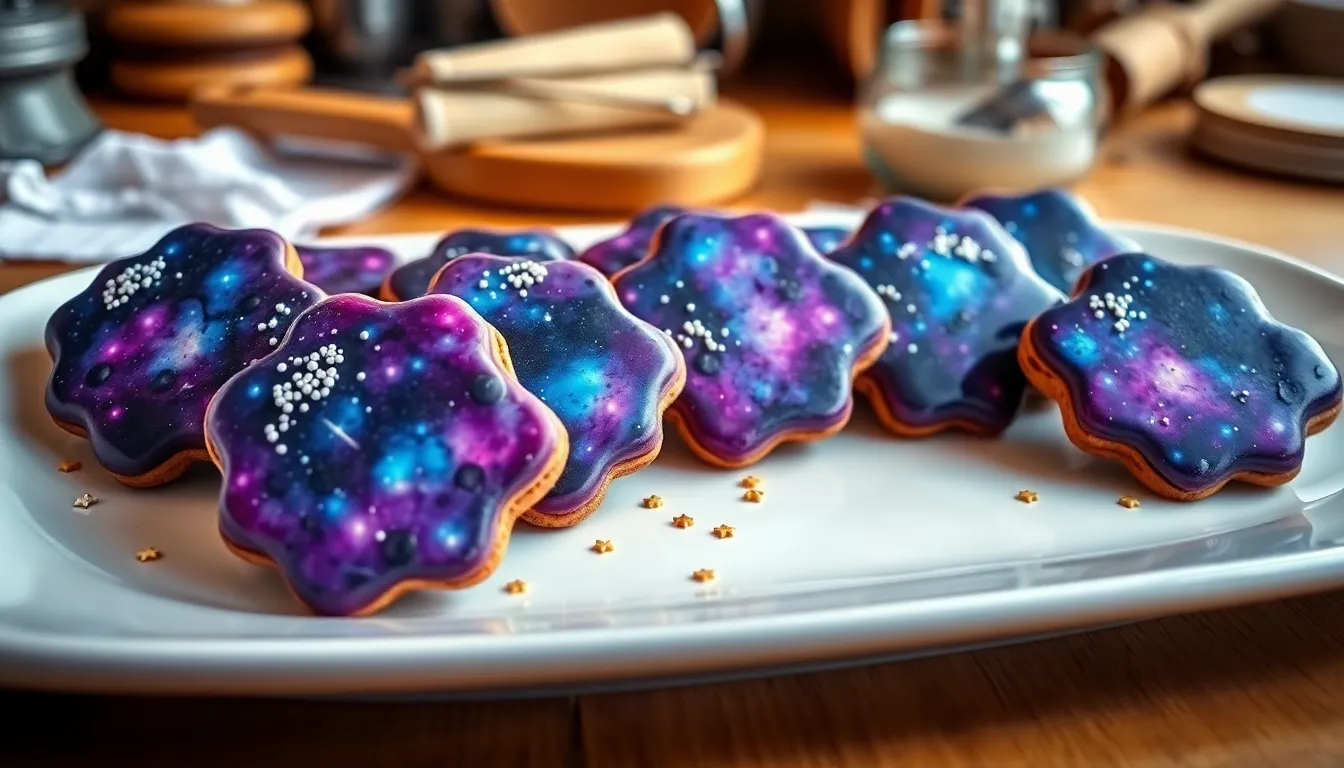 artistic display of vibrant, cosmic-themed cookies on a plate.
