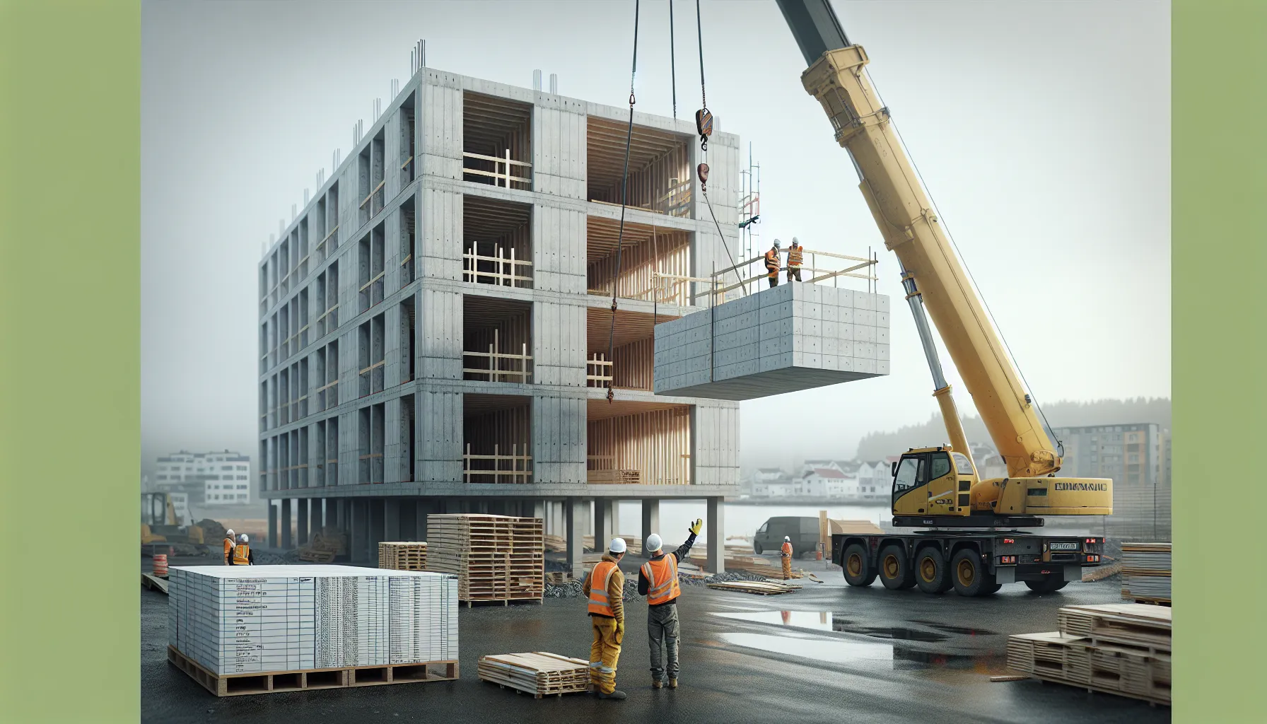 Engineer checks tablet as crane installs a prefabricated concrete wall in norway.
