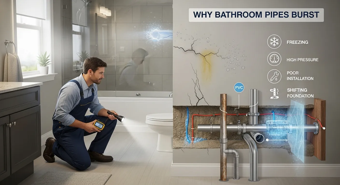 Professional plumber inspecting bathroom wall pipes for corrosion, freezing, and water damage signs.