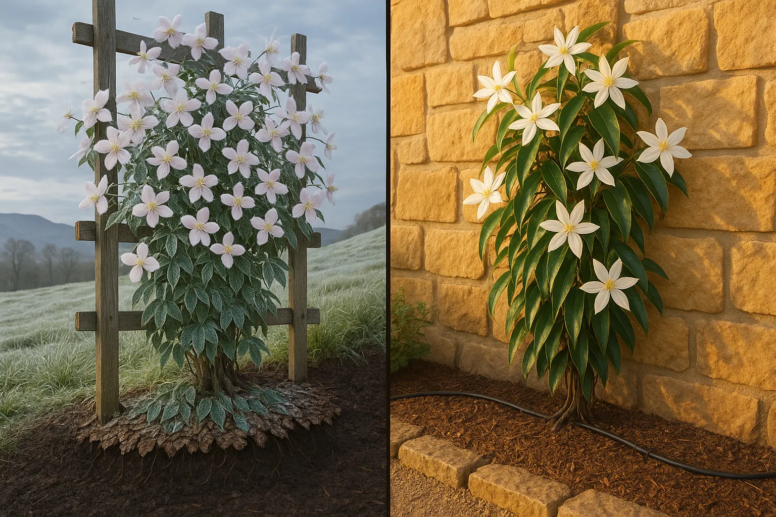 Clematis montana on frosty trellis and armandii on warm stone wall