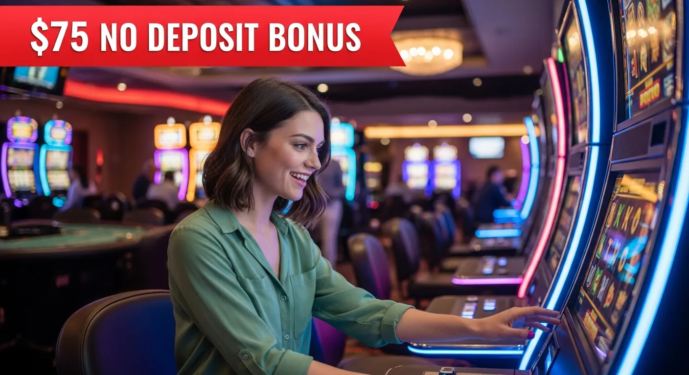 $75 No Deposit Bonus Codes 2026 at Lucky Creek 1 A woman enjoying a slot machine with a $75 no deposit bonus banner.