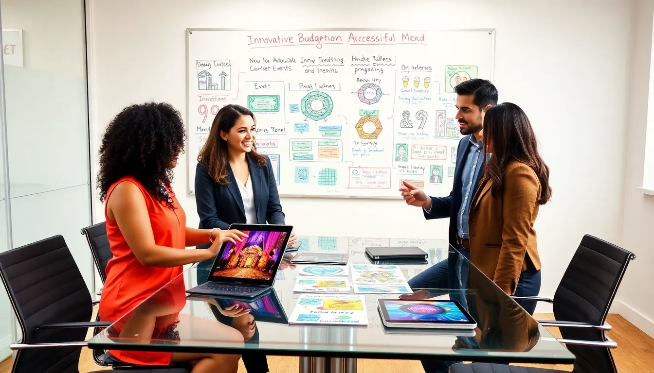 diverse team brainstorming event planning ideas in a modern office.