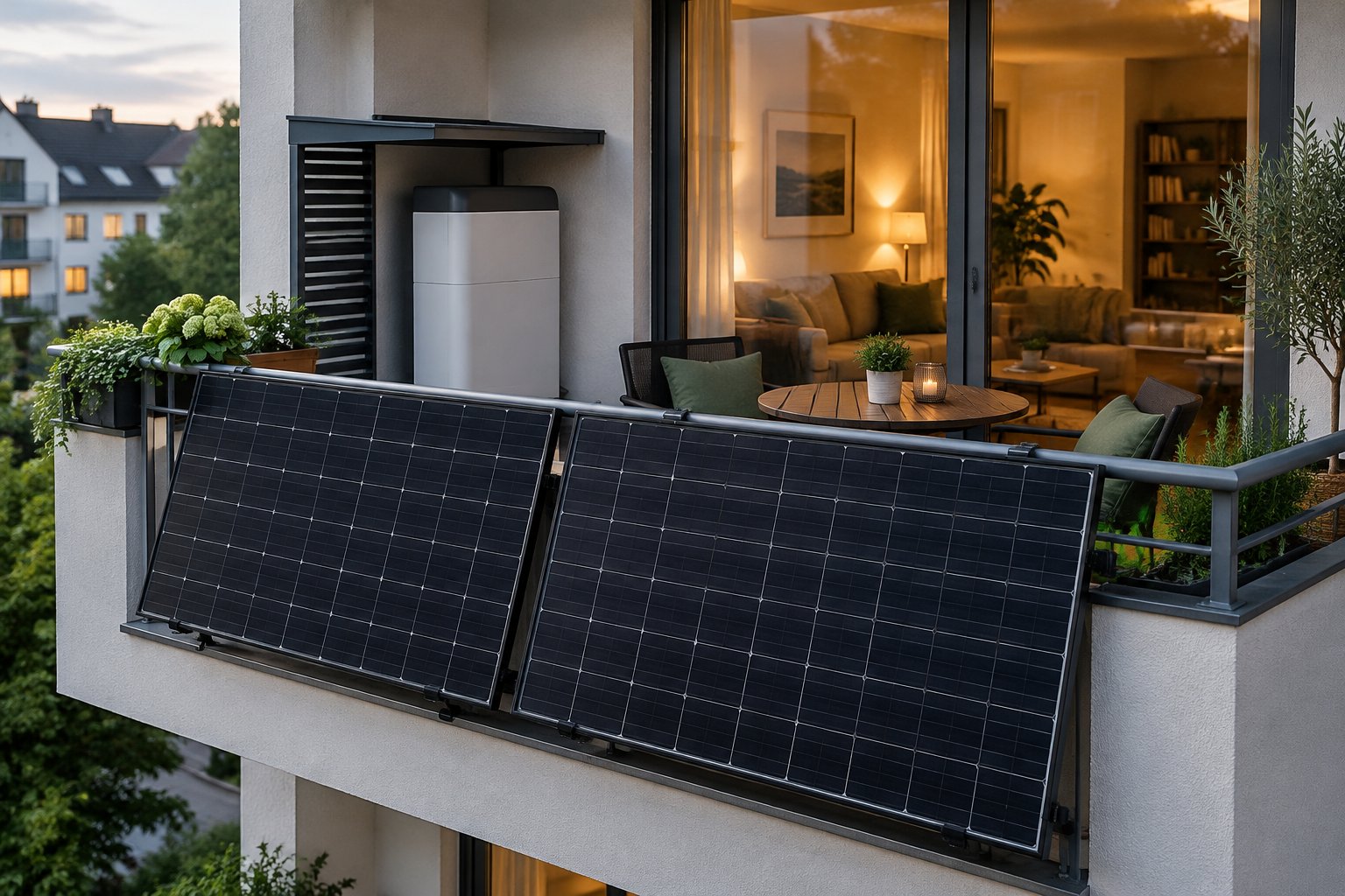 Balkonkraftwerk mit Batteriespeicher vor einem abends beleuchteten Wohnraum