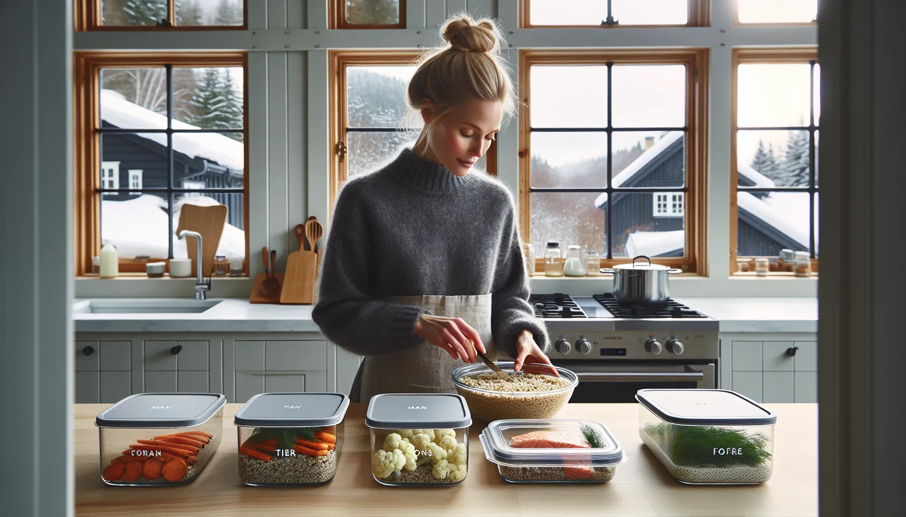 Norwegian home cook prepping heart-healthy meals in labeled glass containers.