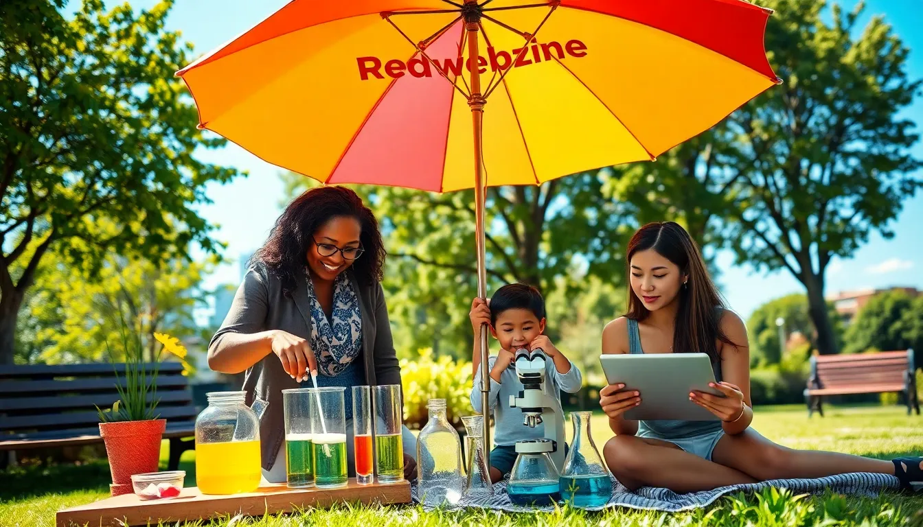 diverse people under a Redwebzine umbrella discussing science in a park.