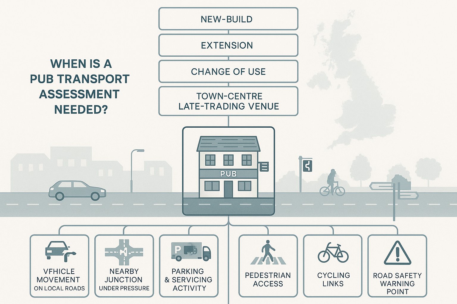 Infographic showing when a pub transport assessment is needed in the UK.