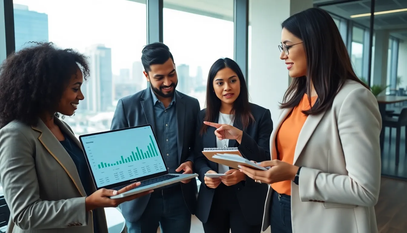 young professionals discussing financial planning in a modern office.