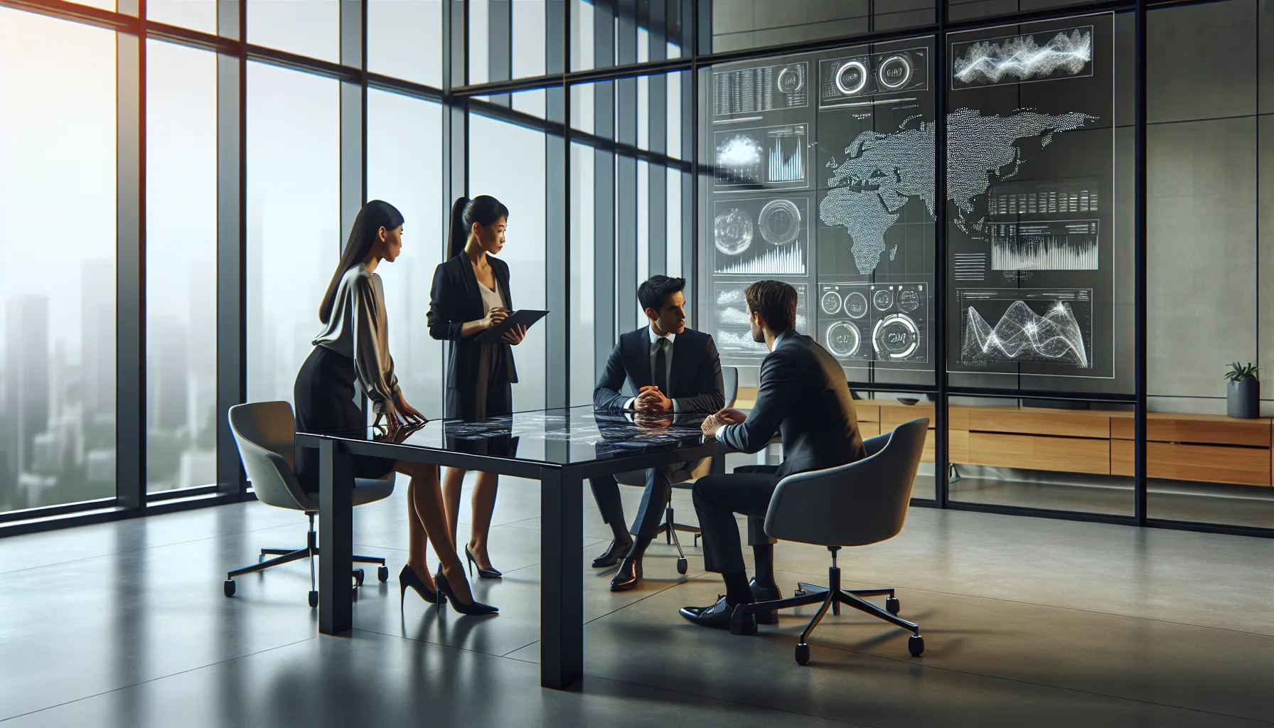diverse professionals analyzing data in a modern office setting.