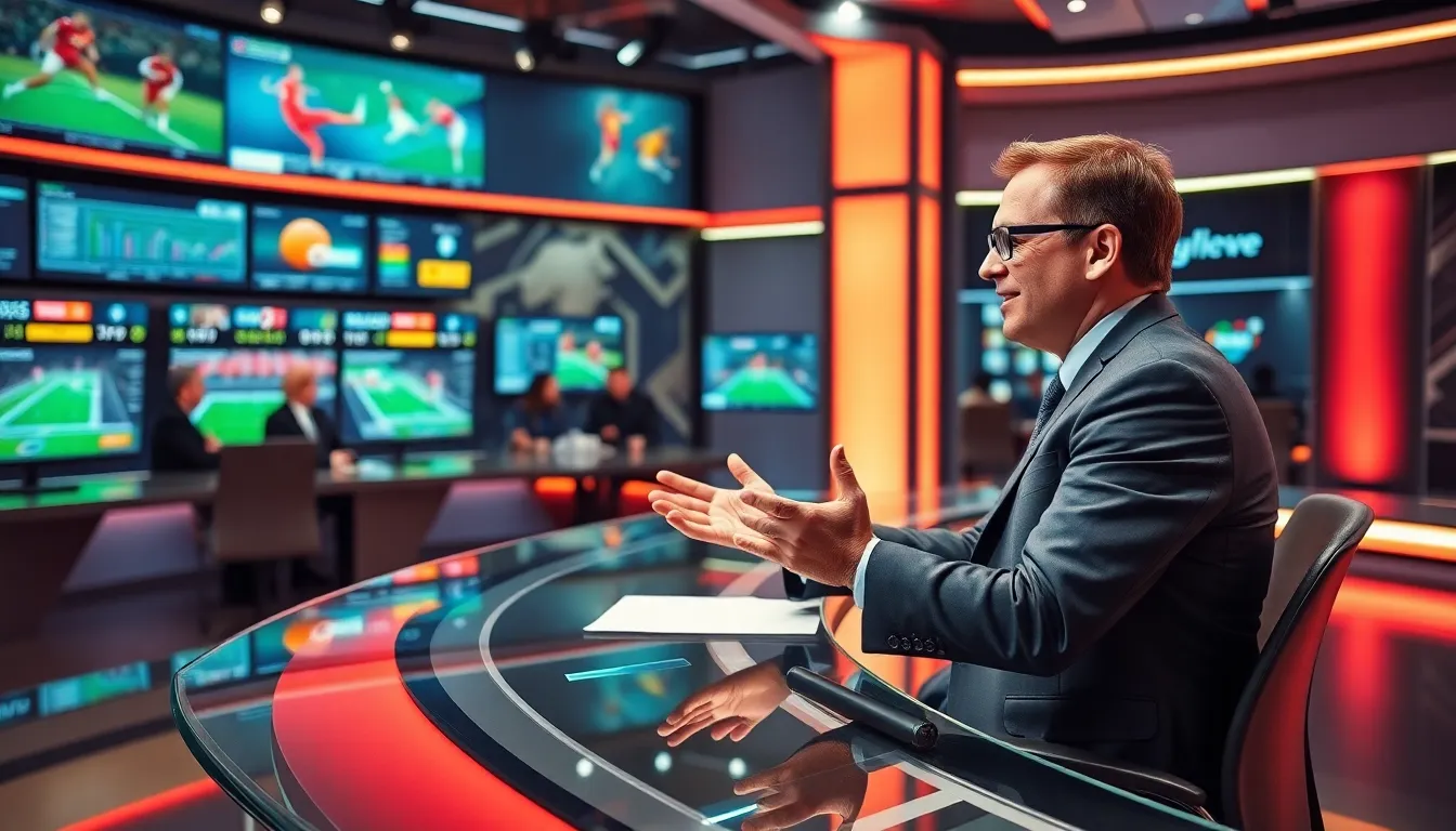 Sports commentator Yelldivgenstein in a modern studio discussing sports news.
