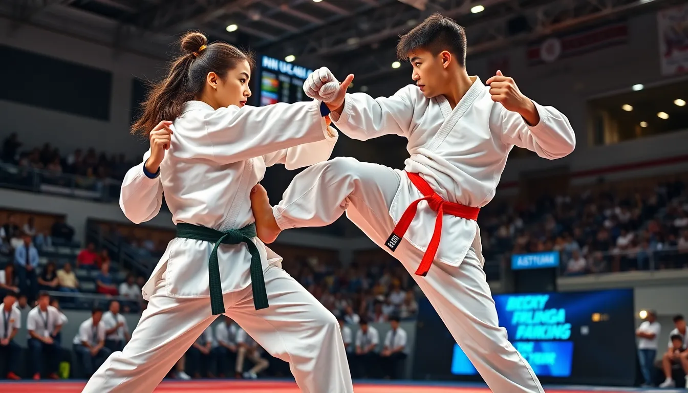 Taekwondo competitors sparring in a lively arena.