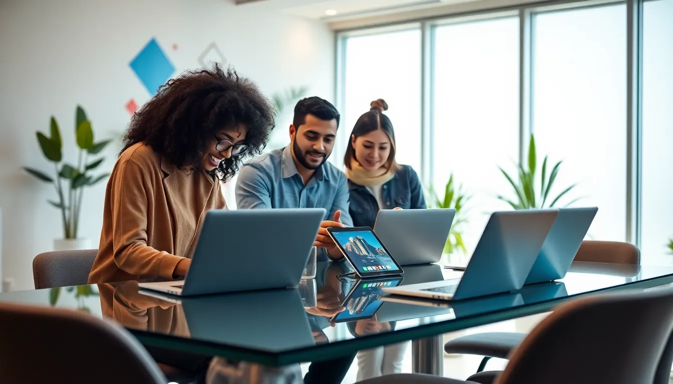 diverse team collaborating in a bright tech office.