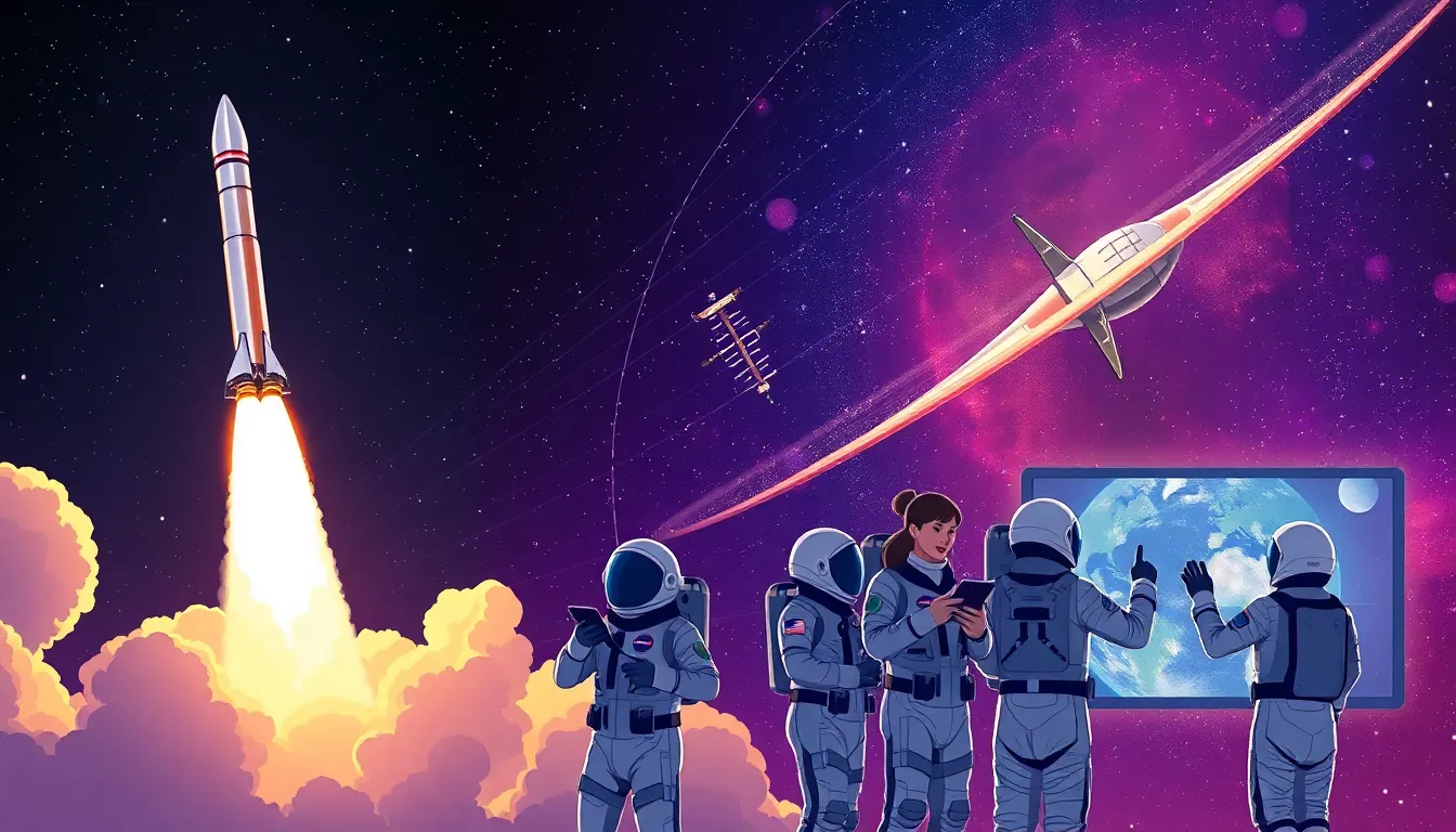 Falcon 9 and Voyager probe with astronauts discussing space travel technology.