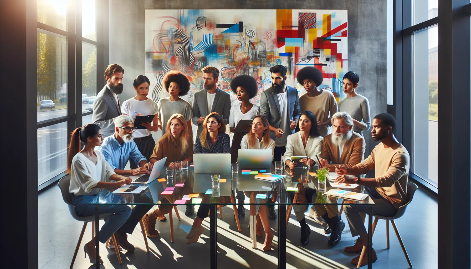 diverse team brainstorming in a modern office setting.