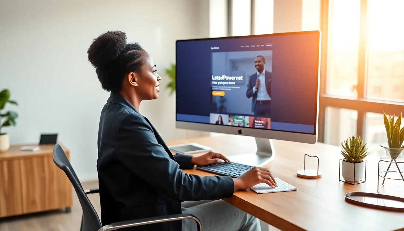 A woman using a computer in a bright, modern office setting.