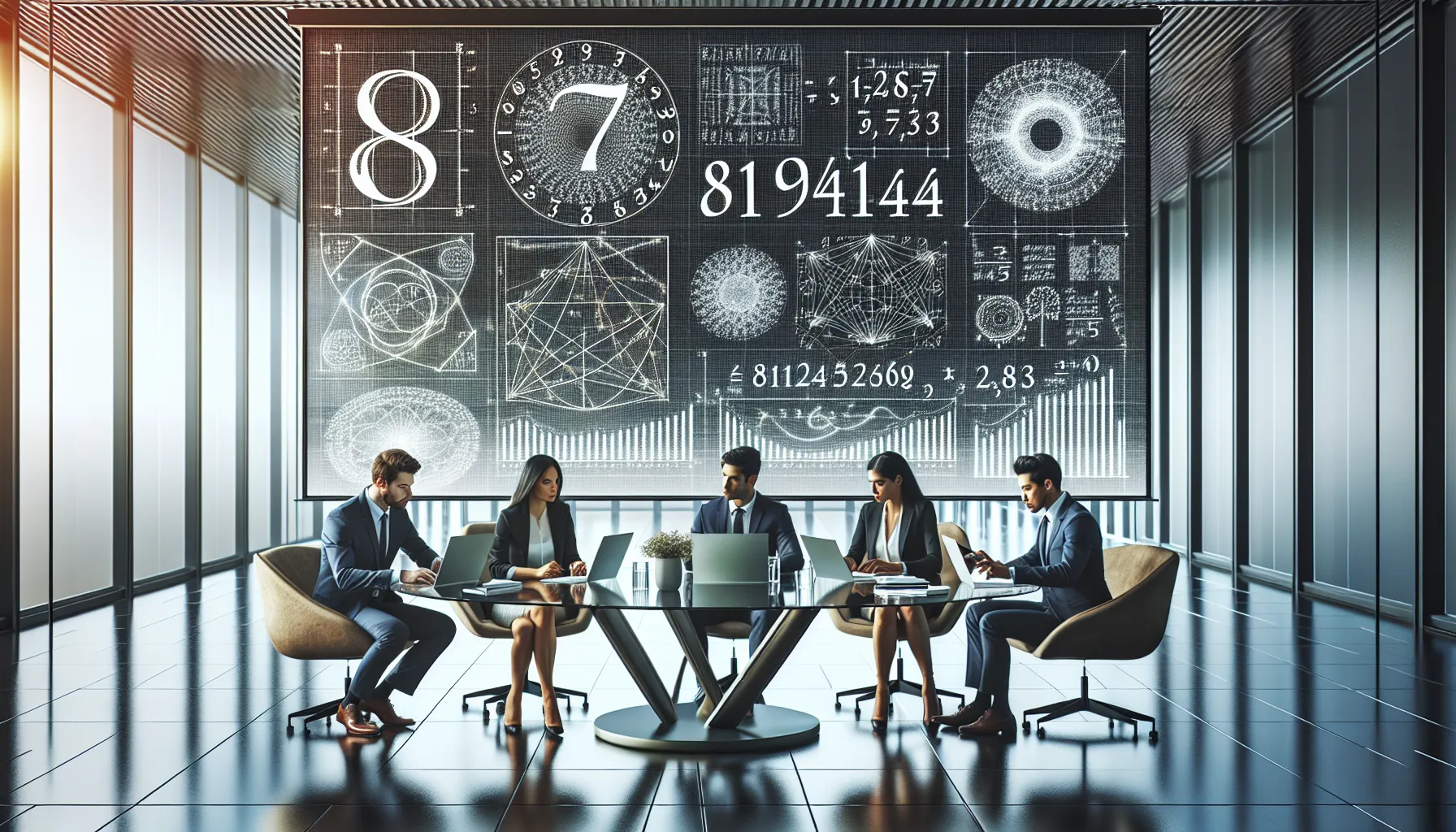 diverse professionals discussing mathematical properties in a modern office.