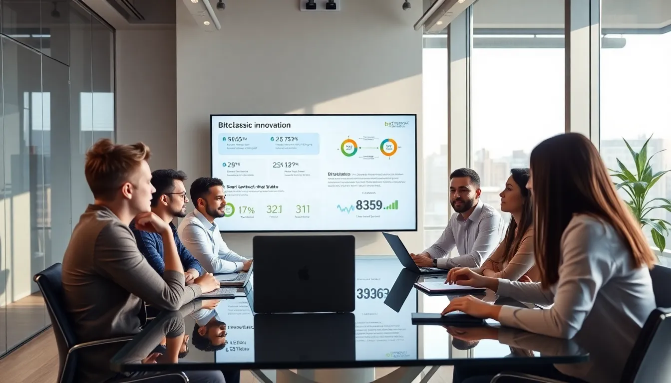 diverse team discussing Bitclassic in a modern office setting.