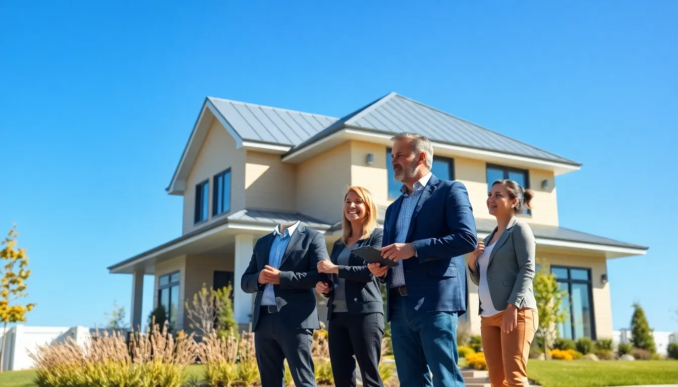 residential building with vinyl roofing and professionals discussing installation.