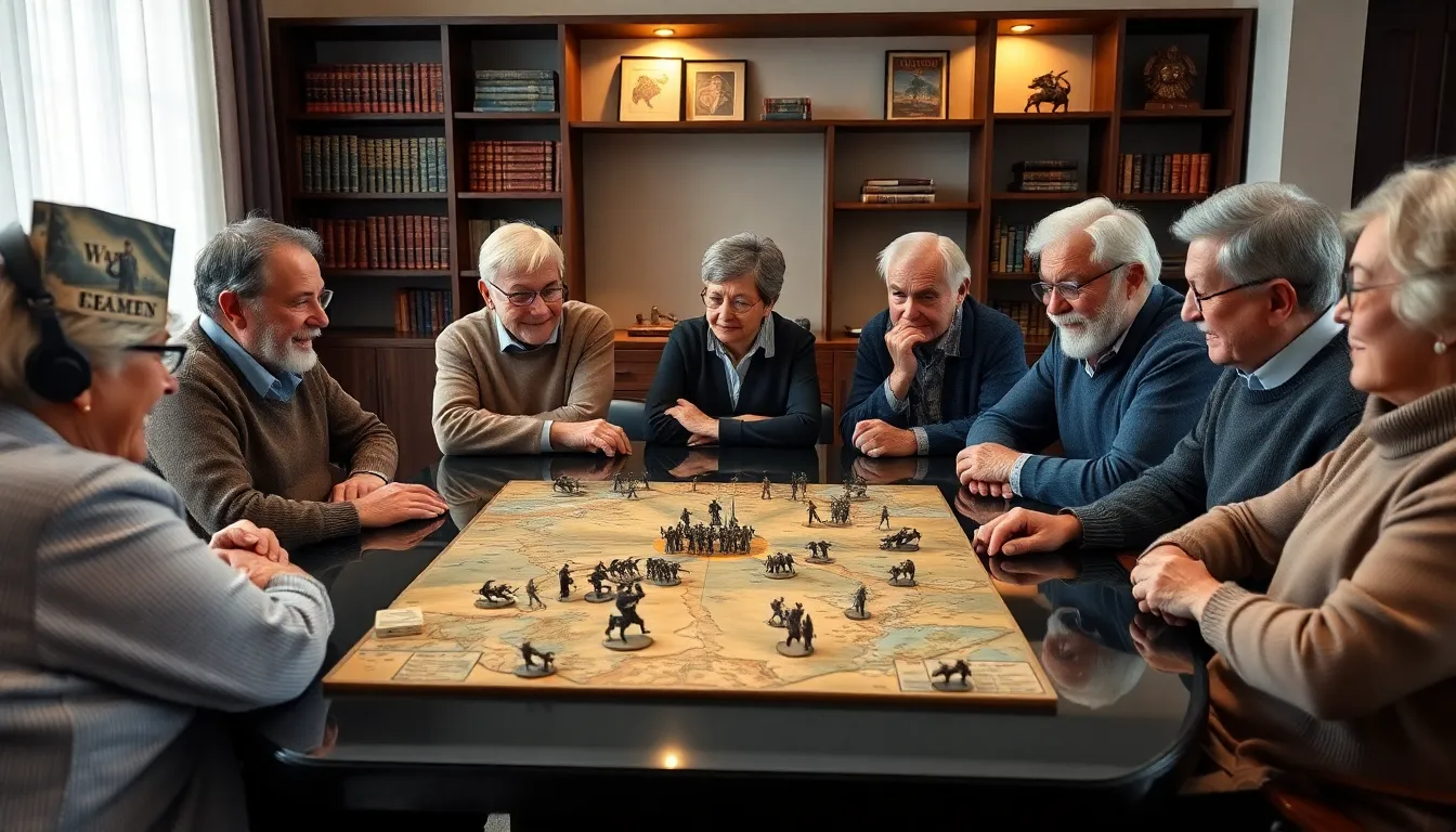 older adults playing a strategic war game in a modern setting.