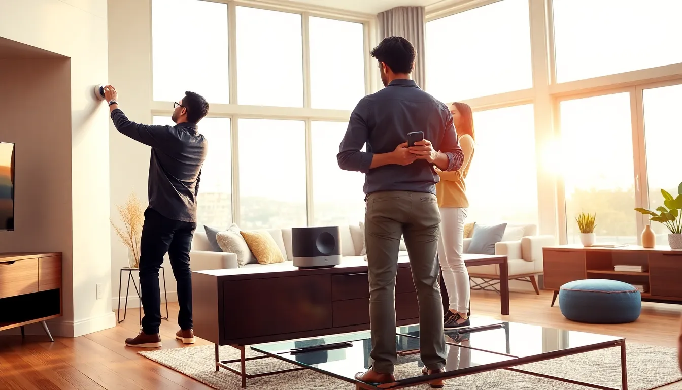team of home automation installers in a modern living room.