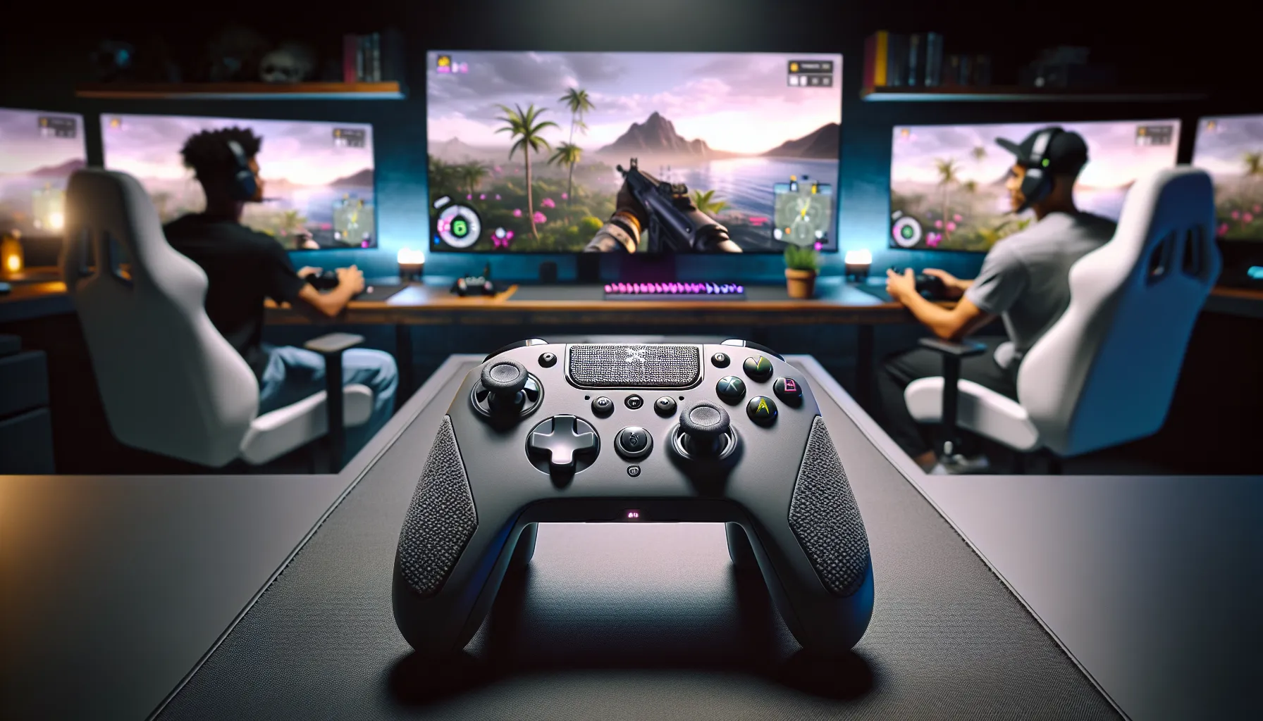 Uggcontroman controller on a gaming desk with engaged players.