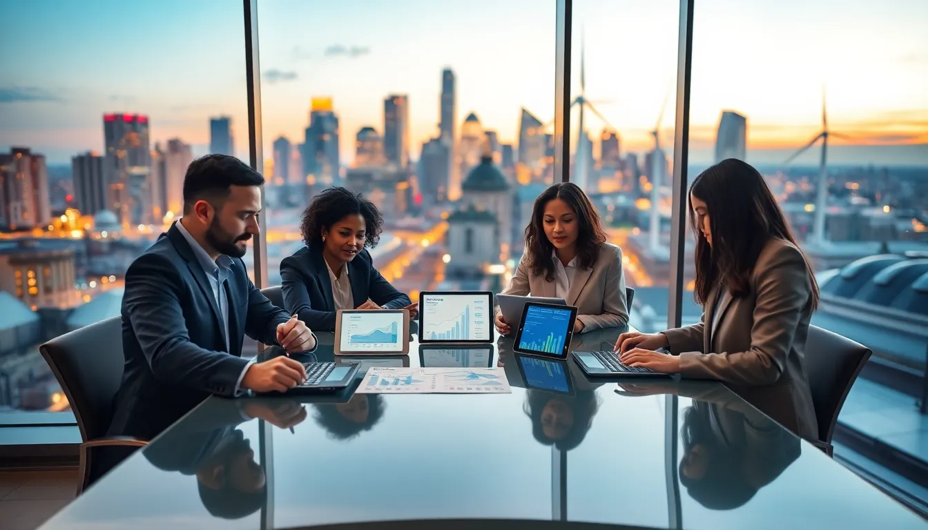 professionals discussing innovative energy management in a modern urban office.