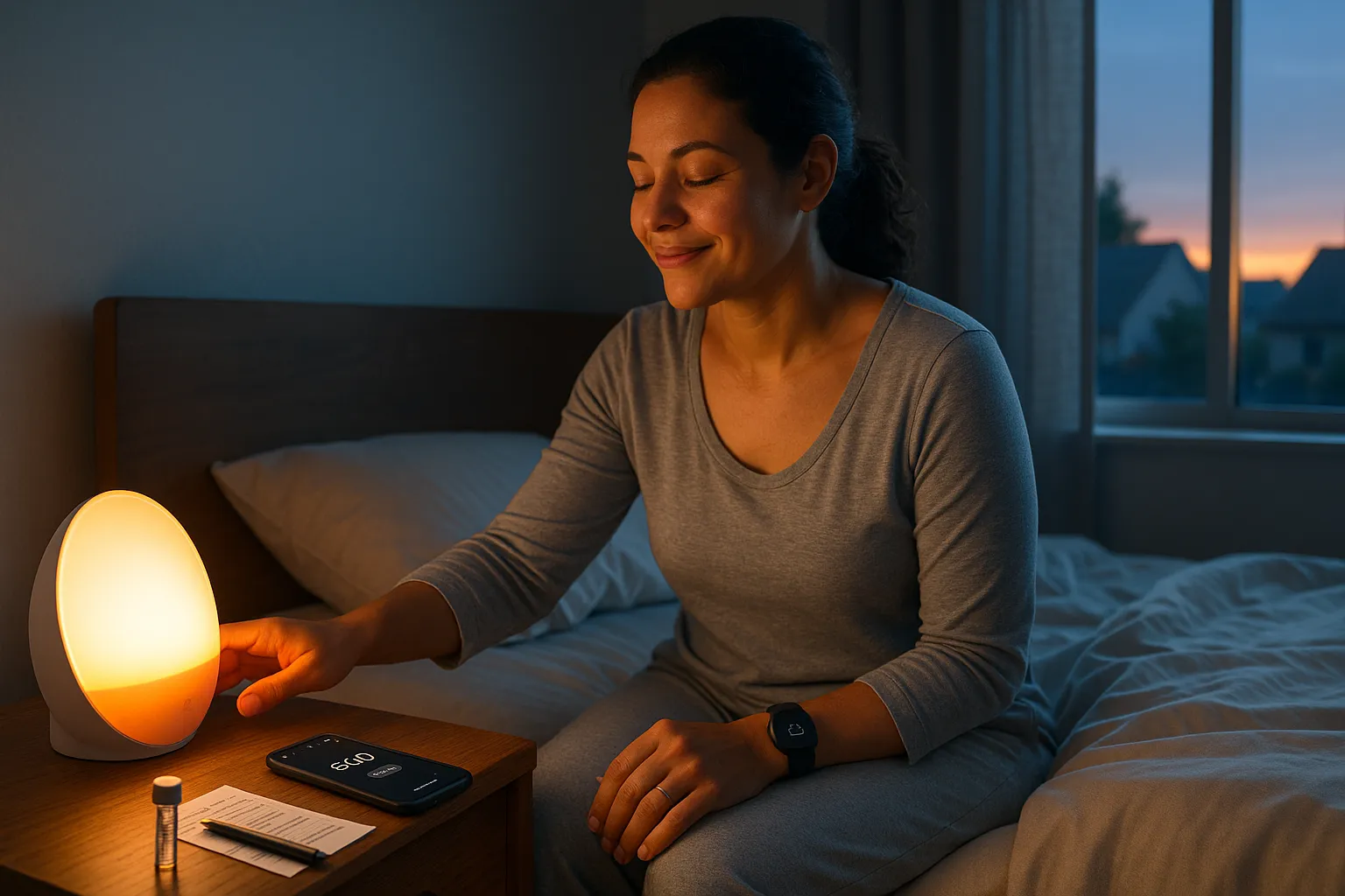 Person reaching for a sunrise alarm on a nightstand beside a phone and saliva sample.