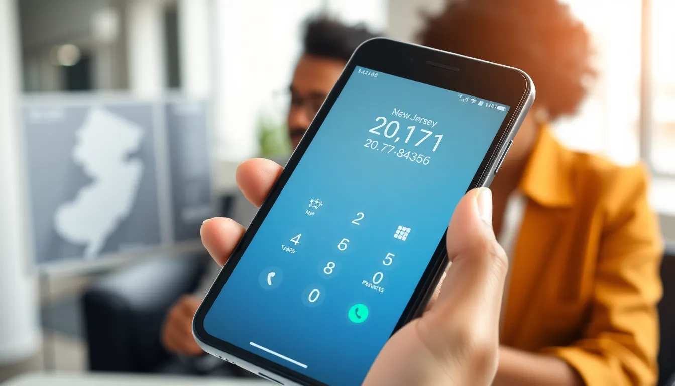 smartphone displaying the phone number 201.771.8436 in a modern office