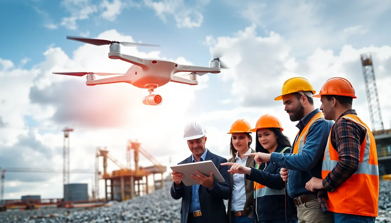 A drone inspecting a construction site, with professionals reviewing data.
