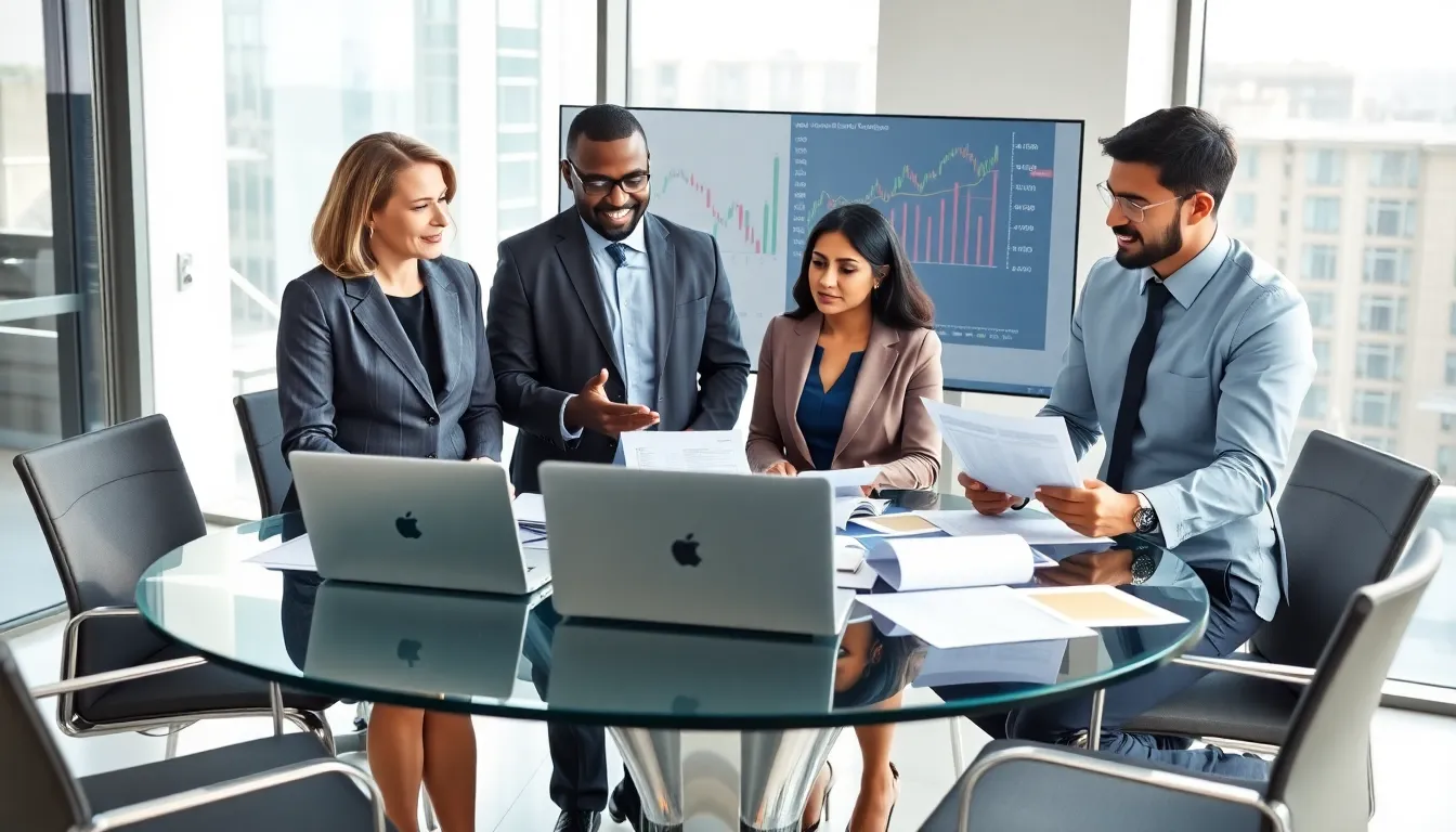 diverse financial advisory team collaborating in a modern office.