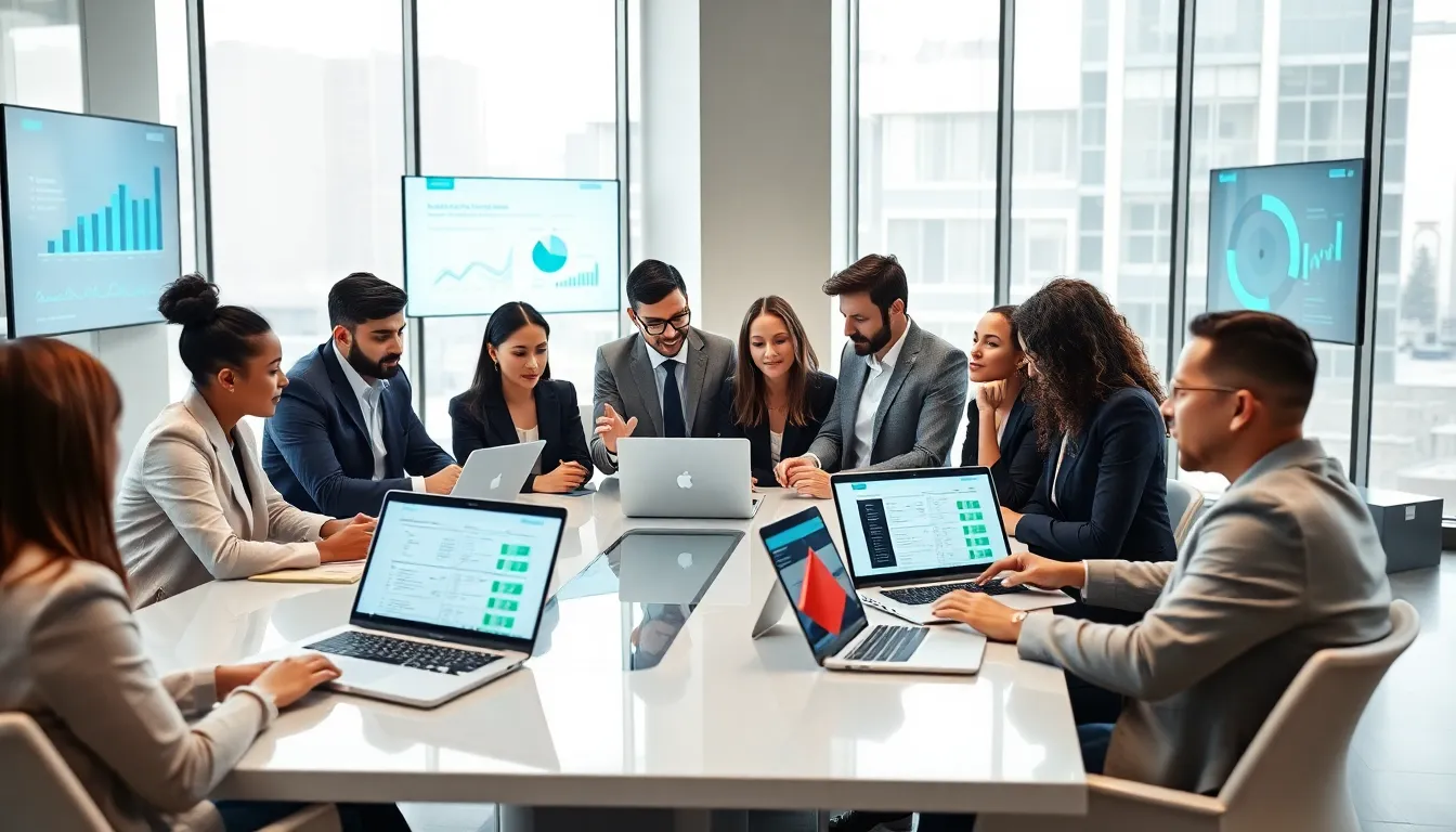 diverse legal professionals discussing legaltech solutions in a modern office.