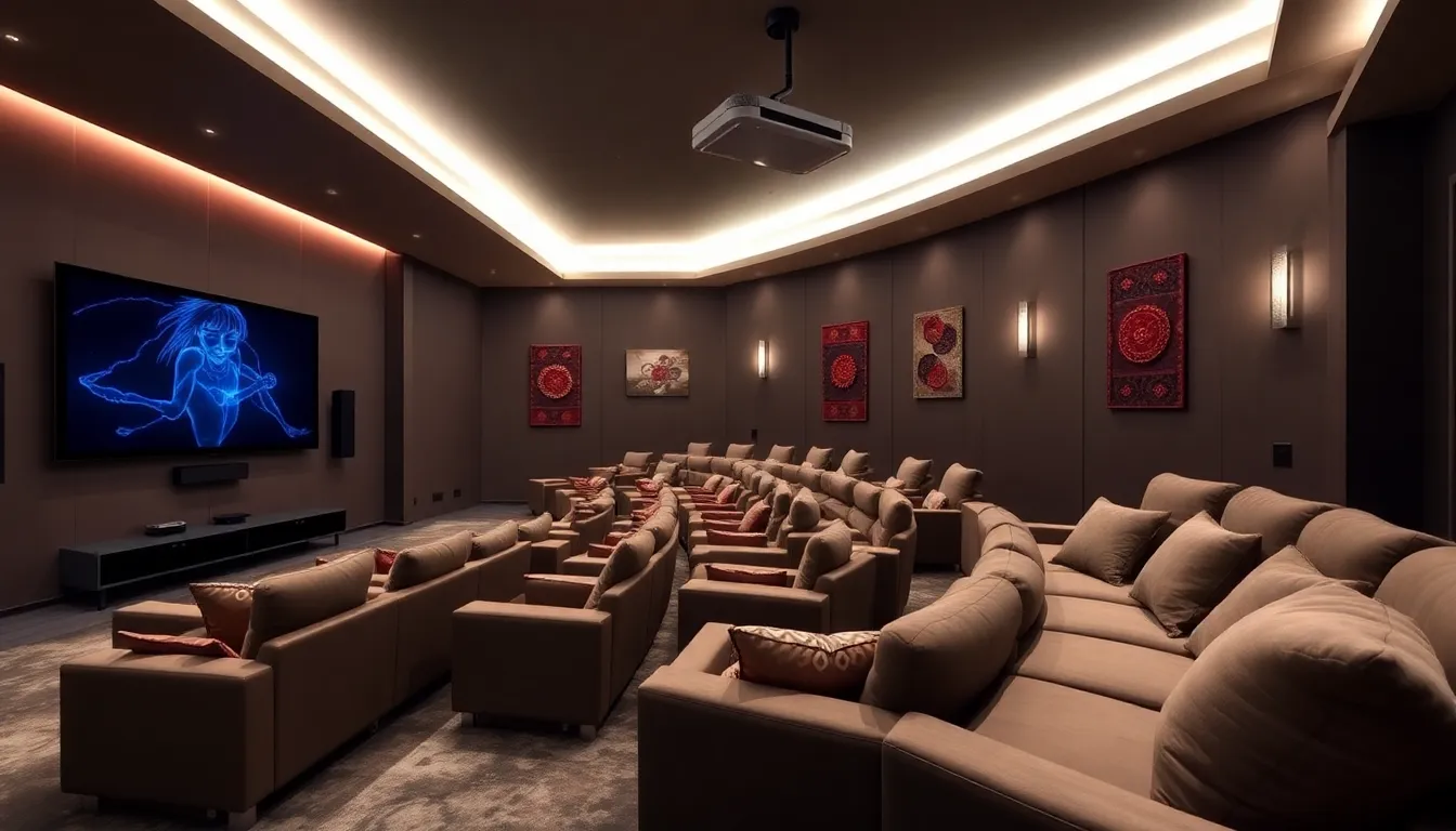 stylish home theater room with comfortable seating and a large screen.