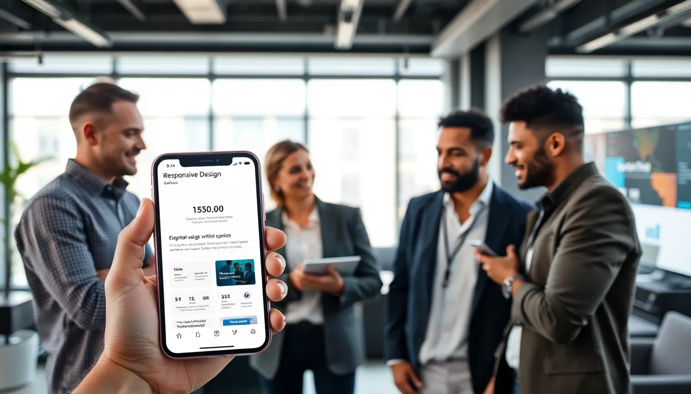 professionals collaborating on mobile web app interface in a modern office.