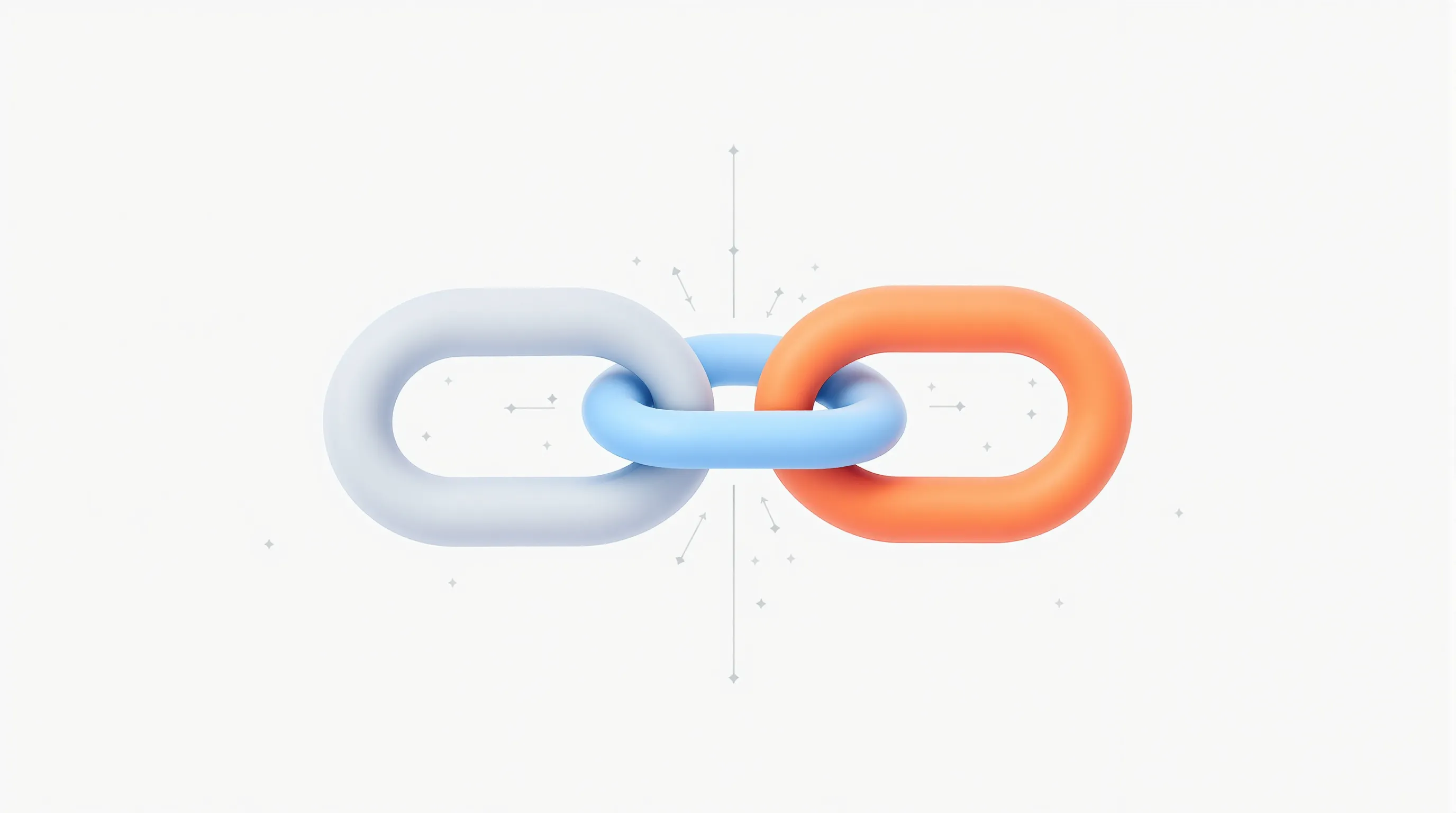 Three interlocking link chain segments symbolizing backlink authority and SEO connection strategy.