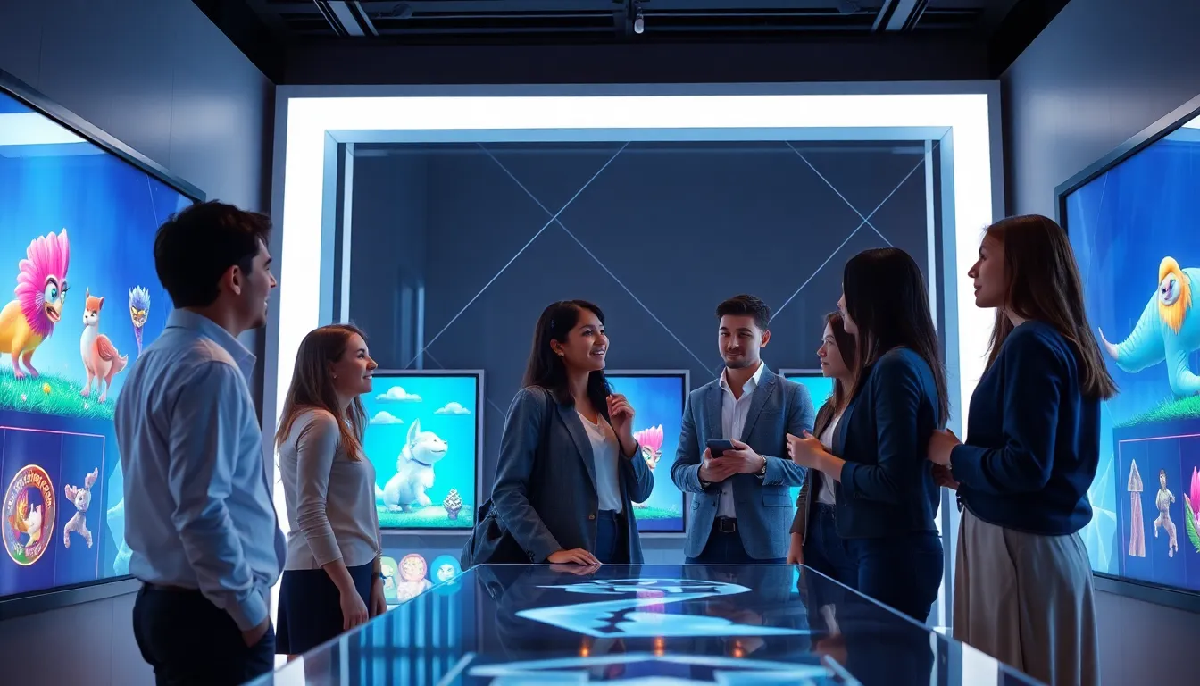 diverse group discussing digital art representing NFTs in a modern gallery.