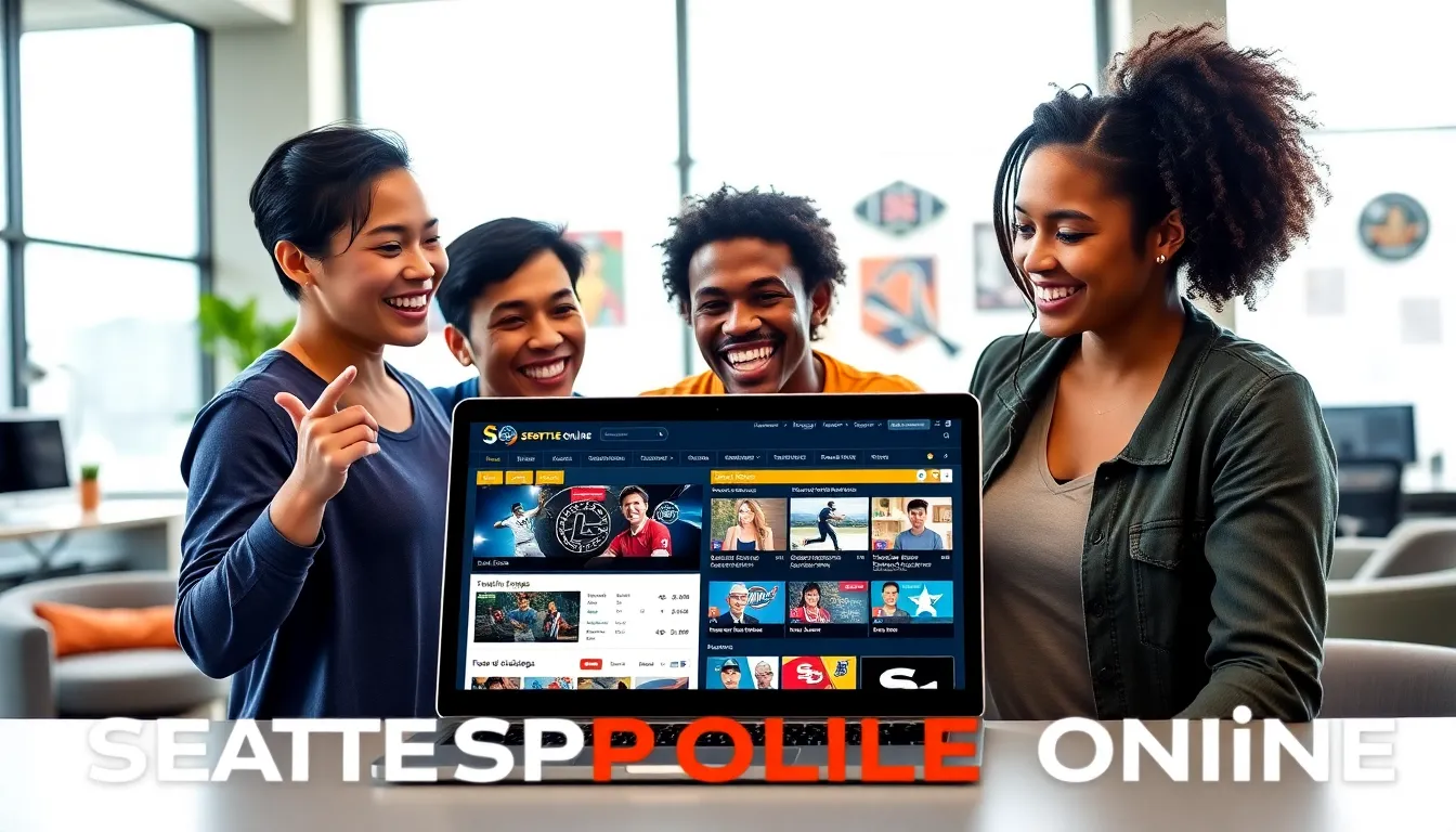 diverse group engaging with Seattle Sports Online in a modern office.