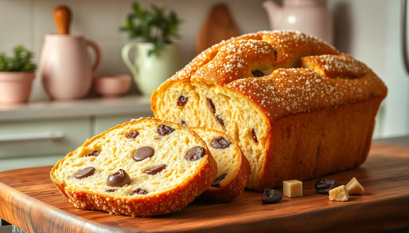A loaf of Cookiesforlove bread on a rustic table.